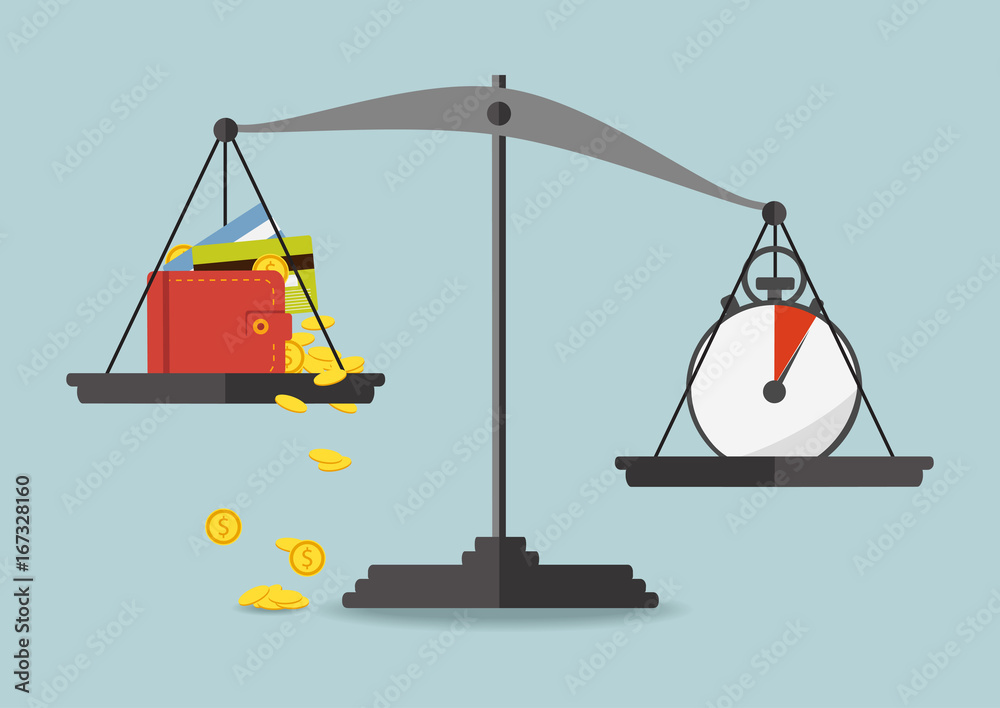 Vector illustration. Money and time balance on the scale. Business concept. Vector illustration. Money and time balance on the scale. Business concept.