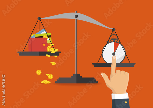 Vector illustration. Money and time balance on the scale. Business concept.