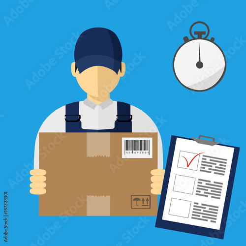 Vector illutration of fast delivery service. Express delivery courier service. Man courier with box in his hands.