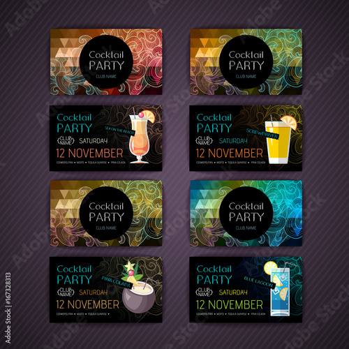 Disco triangle geometric background. Set of Cocktail party card