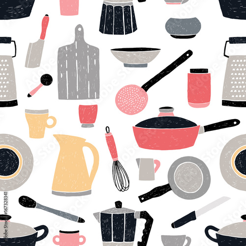 Kitchenware seamless pattern. Stylized hand drawn doodle dishes. Colorful vec...