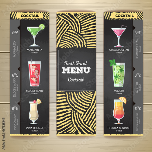 Flat Cocktail menu desing with chalk drawing background. Document template. Corporate identity