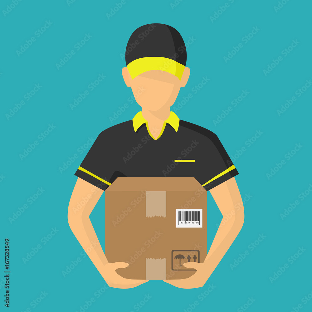 Vector illutration of fast delivery service. Express delivery courier service. Man courier with box in his hands.