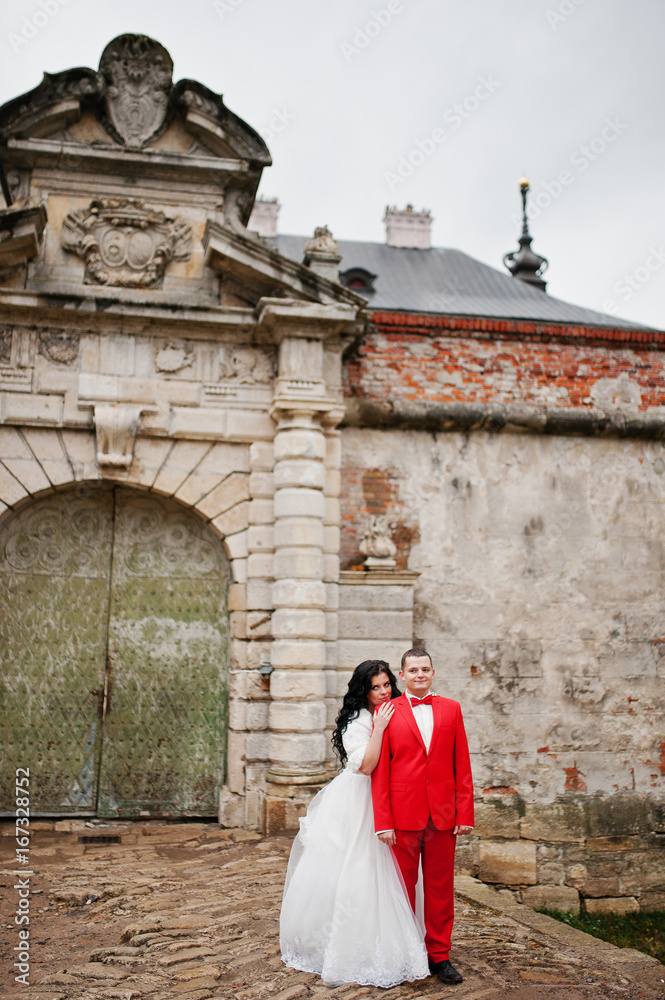 Stunning wedding couple posing next to the ancient doors of a castle.