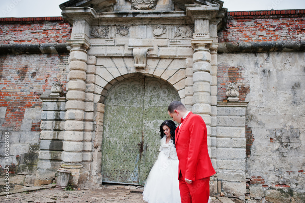 Stunning wedding couple posing next to the ancient doors of a castle.