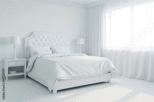 3d illustration of white bedroom without materials