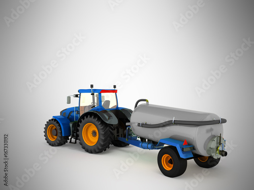 Tractor blue with a barrel of gray 3d render on a gray background