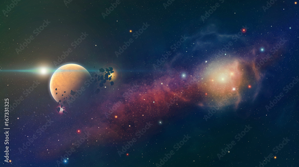 Nebula and planet with asteroids in space