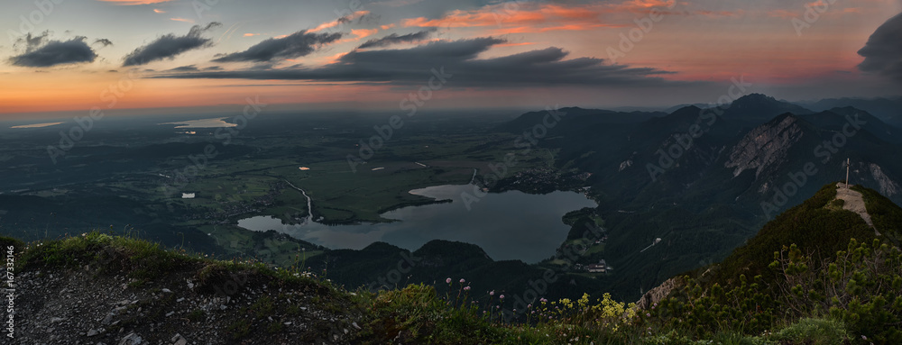 view to alpine foothills and lake kochelsee at sundown view to alpine foothills and lake kochelsee at sundown