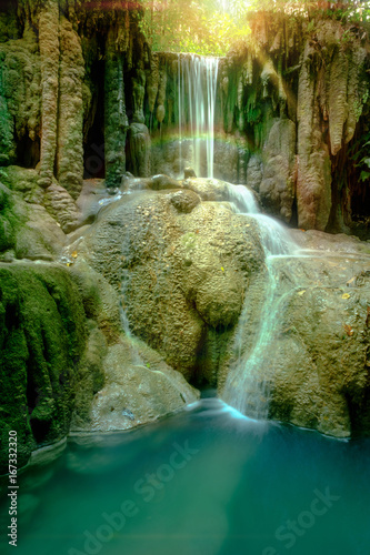 Amazing beautiful deep forest waterfall in Erawan National Park  Kanchanaburi  Thailand