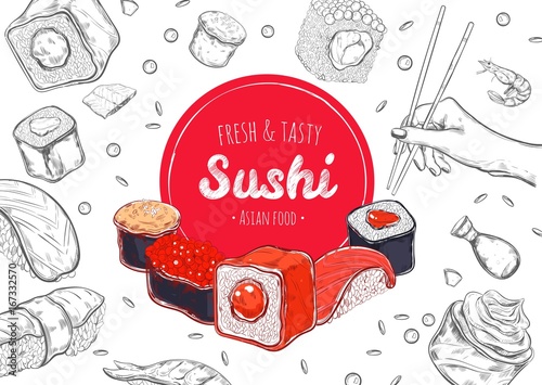 Asian Food poster. Vector hand drawn. Sushi