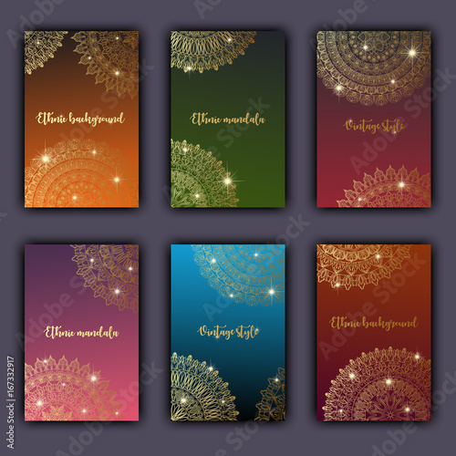 Card set with floral glowing decorative mandala elements background. Asian Indian oriental ornate banners