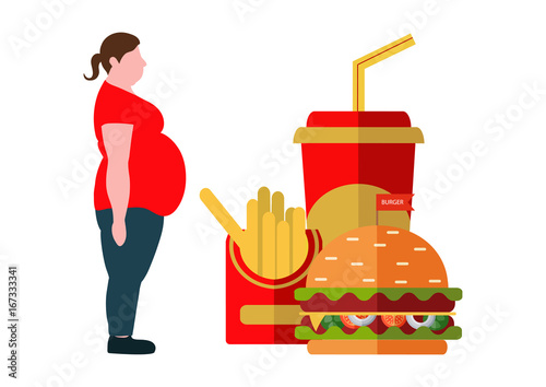 Weight loss concept. Vector illustration. Figures of women thick and thin. A plate with vegetables and fast food.