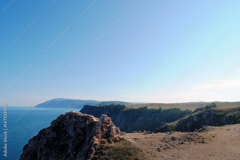 Baikal lake summer landscape, view from a cliff, Russia
