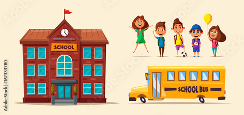 Back to school. Children on the yard. Cartoon vector illustration