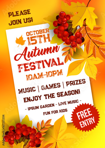 Autumn festival poster template with yellow leaves