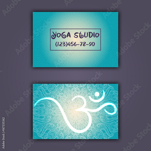 Business card for yoga studio or yoga instructor. Ethnic background with mandala ornament and ohm