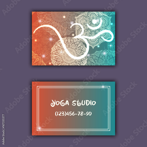 Business card for yoga studio or yoga instructor. Ethnic background with mandala ornament and ohm
