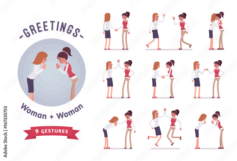 Female clerks greeting character set, various poses and emotions Female clerks greeting character set, various poses and emotions
