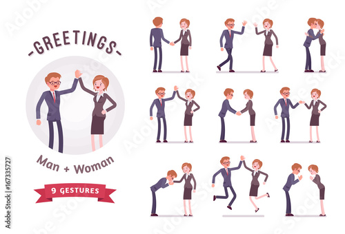 Business people greeting character set, various poses and emotions