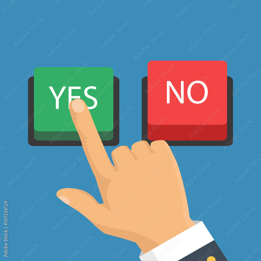 Hand, finger pressing buttons no or yes. Vector illustration. The concept of choice, the right choice and a wrong decision. Hand, finger pressing buttons no or yes. Vector illustration. The concept of choice, the right choice and a wrong decision.