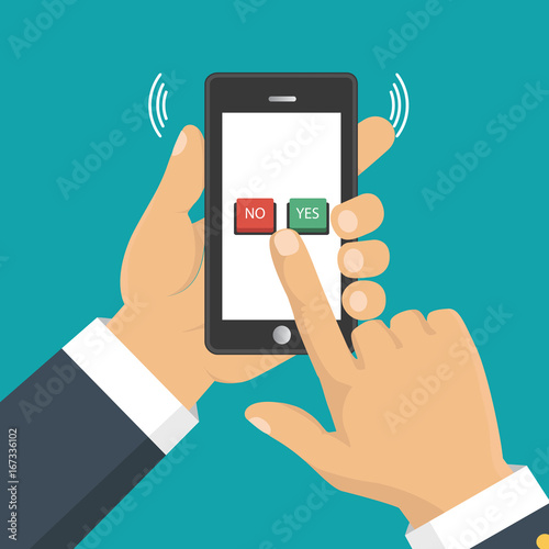 Hand, finger pressing buttons no or yes on a mobile screen, app. Vector illustration.