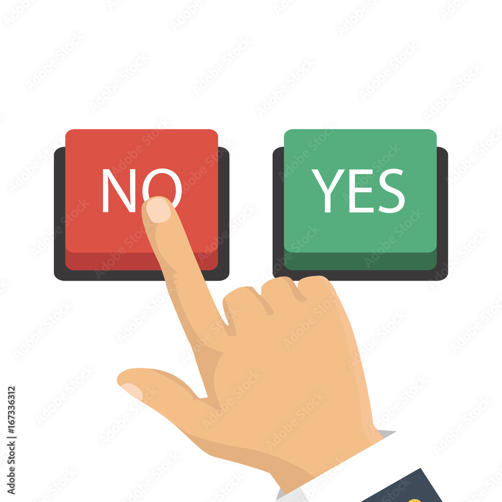 Hand, finger pressing buttons no or yes. Vector illustration. The concept of choice, the right choice and a wrong decision. Hand, finger pressing buttons no or yes. Vector illustration. The concept of choice, the right choice and a wrong decision.