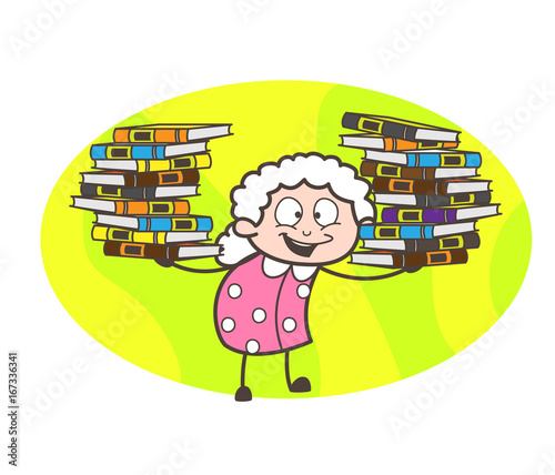 Cartoon Grandma Presenting Flock of Books Vector Illustration
