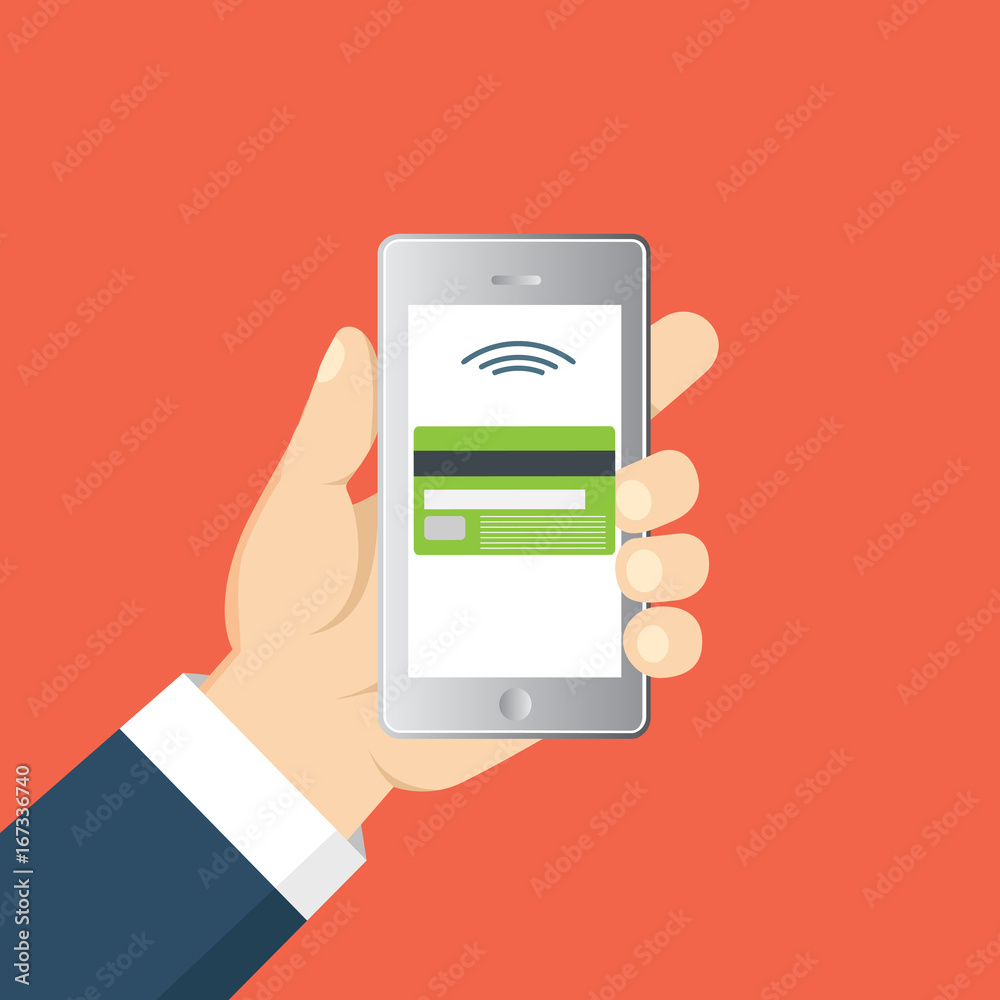 Concept for mobile banking and online payment. Vector flat illustration. Flat cartoon style. Send money via smartphone Concept for mobile banking and online payment. Vector flat illustration. Flat cartoon style. Send money via smartphone