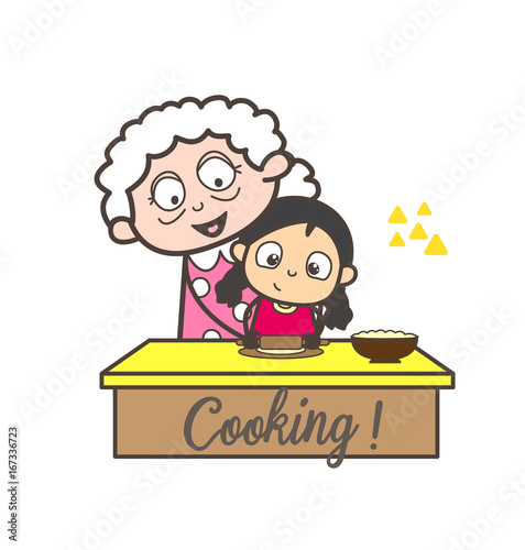 Cartoon Granny Teaching Cooking to Her Granddaughter Vector Illustration