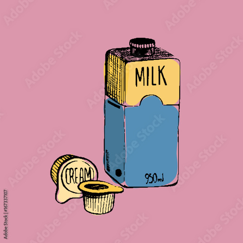 Milk packaging products on pink background. Colorful vector hand drawn illustration.