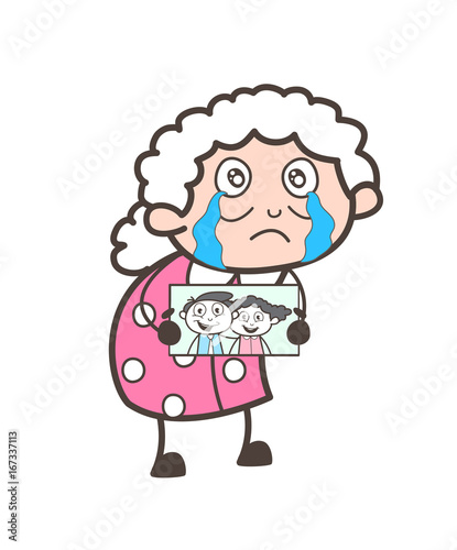 Sad Granny Showing Their Lost Grand-Children Pictures Vector Illustration