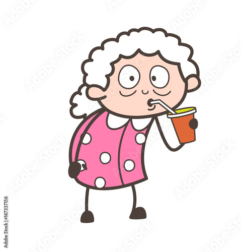 Cartoon Grandma Drinking Juice Vector Illustration