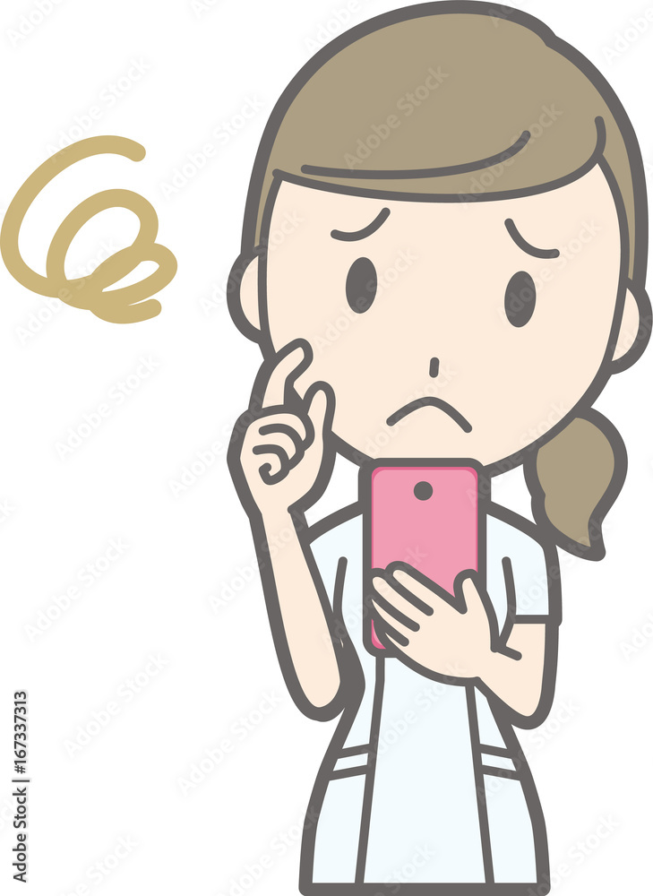 An illustration in which a nurse wearing a white coat is troubled by operating a smartphone An illustration in which a nurse wearing a white coat is troubled by operating a smartphone