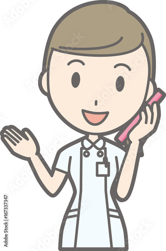 An illustration that a nurse wearing a white suit calls with a smartphone
