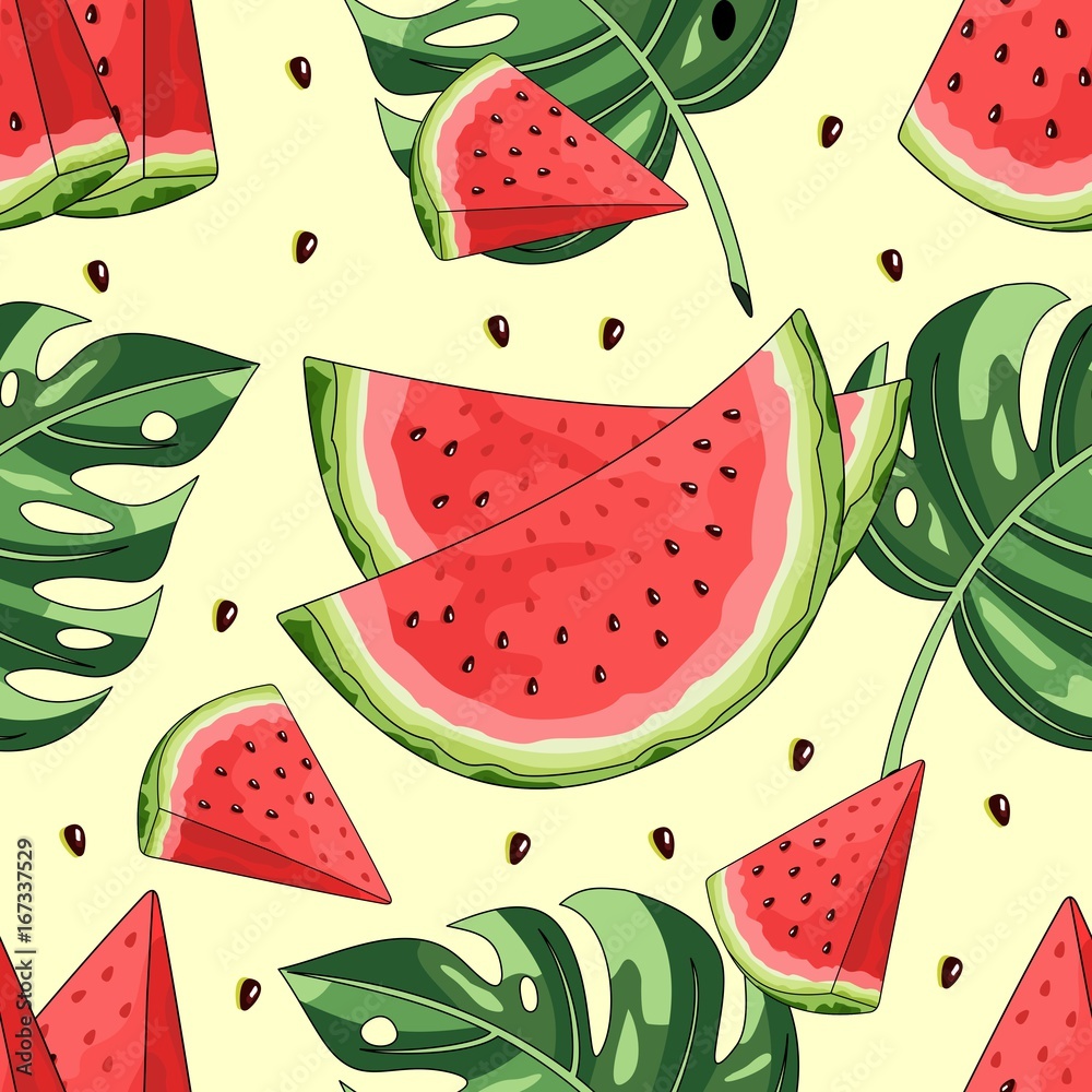 Naklejka Seamless pattern with watermelon and tropical leaves in the background. Vector illustration.