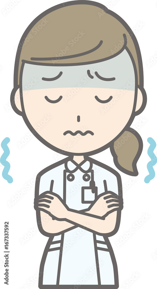 Illustration that a nurse wearing a white suit is cold and trembling Illustration that a nurse wearing a white suit is cold and trembling