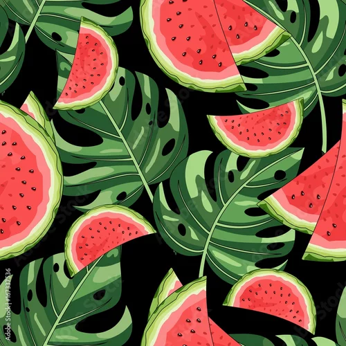 Tapety Bezszwowy wzór z arbuzem i tropikalnymi liśćmi w tle. Ilustracji wektorowych.