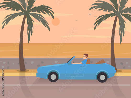 Man driving car with beach background