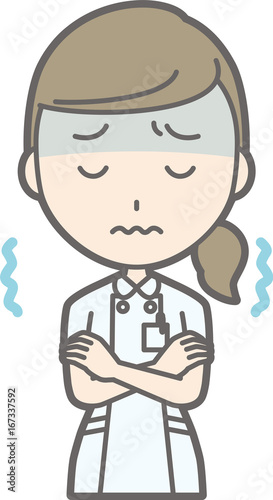 Illustration that a nurse wearing a white suit is cold and trembling