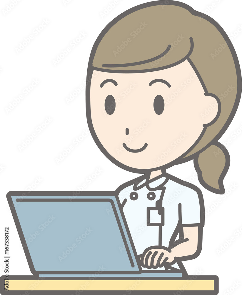 Illustration that a nurse wearing a white suit is operating a laptop computer Illustration that a nurse wearing a white suit is operating a laptop computer