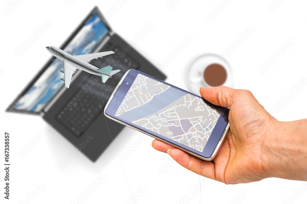 Hand holding smartphone on blurred flying airplane Hand holding smartphone on blurred flying airplane