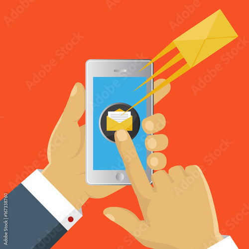 Mobile messenger chat, hands with smartphone sending a message. Isometric flat design, vector illustration
