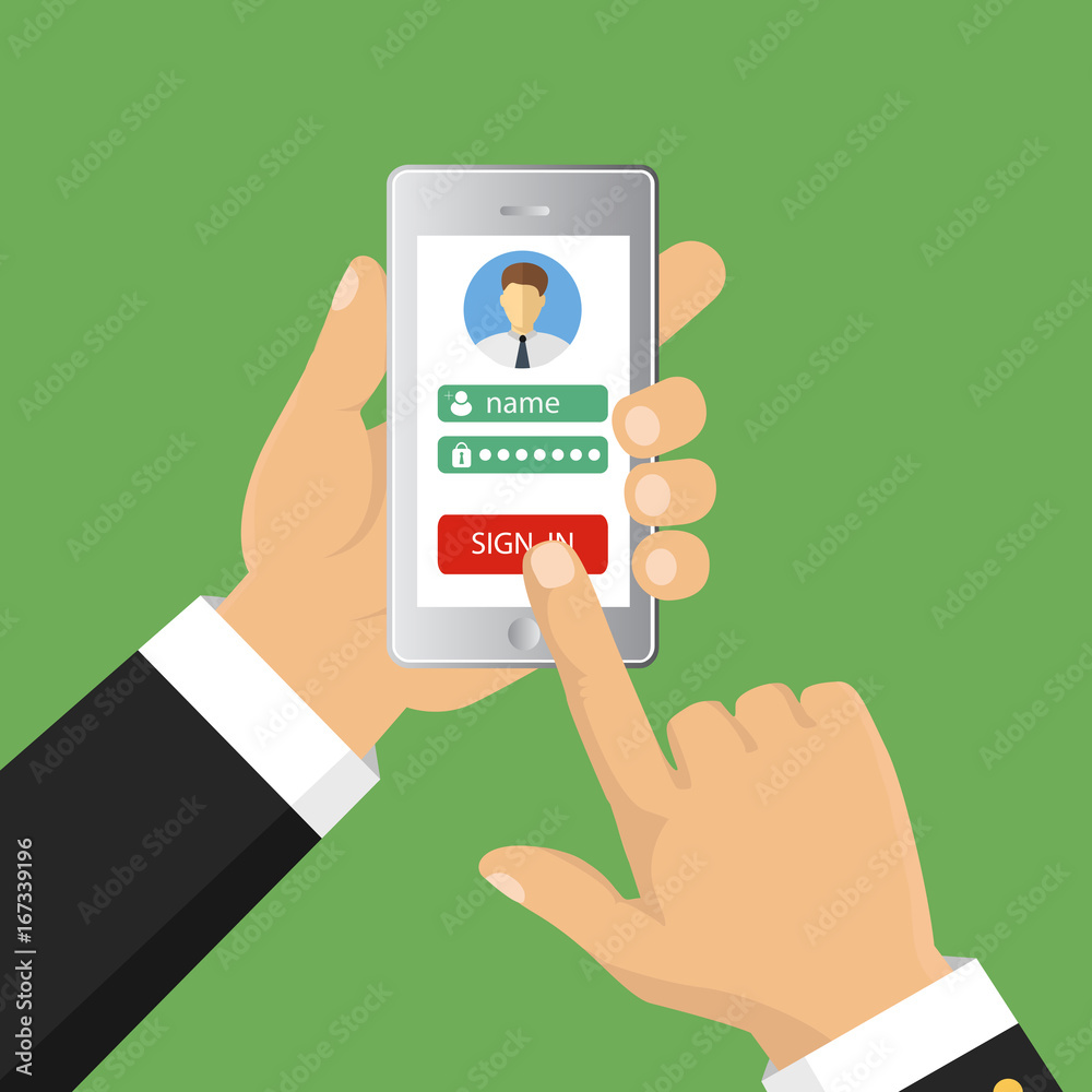 Flat design vector illustration. Sign in page on smartphone screen. Hand holding smartphone. Mobile account. Flat design vector illustration. Sign in page on smartphone screen. Hand holding smartphone. Mobile account.