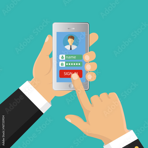 Flat design vector illustration. Sign in page on smartphone screen. Hand holding smartphone. Mobile account.