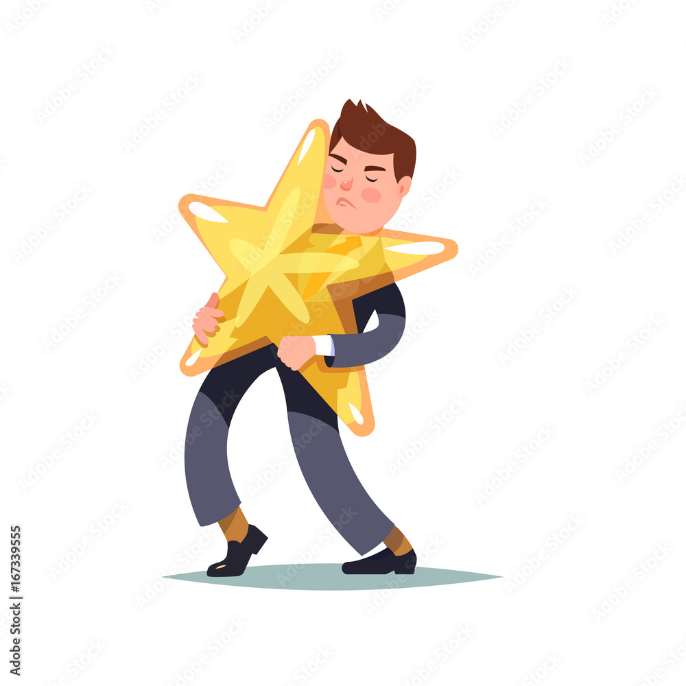 Man carrying in his hands a gold star. Famous person burdened by his popularity. Vector cartoon illustration isolated