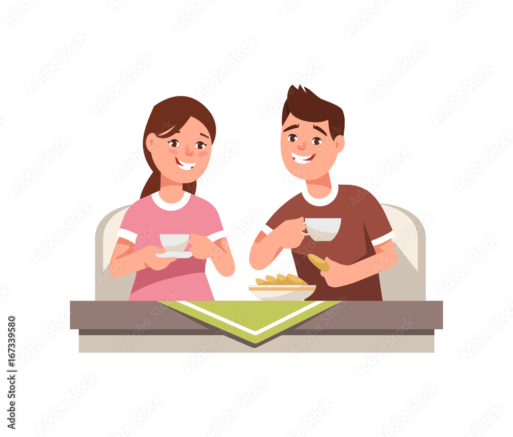 Vector flat illustration of happy family. Young couple sit breakfast at the table together isolated Vector flat illustration of happy family. Young couple sit breakfast at the table together isolated