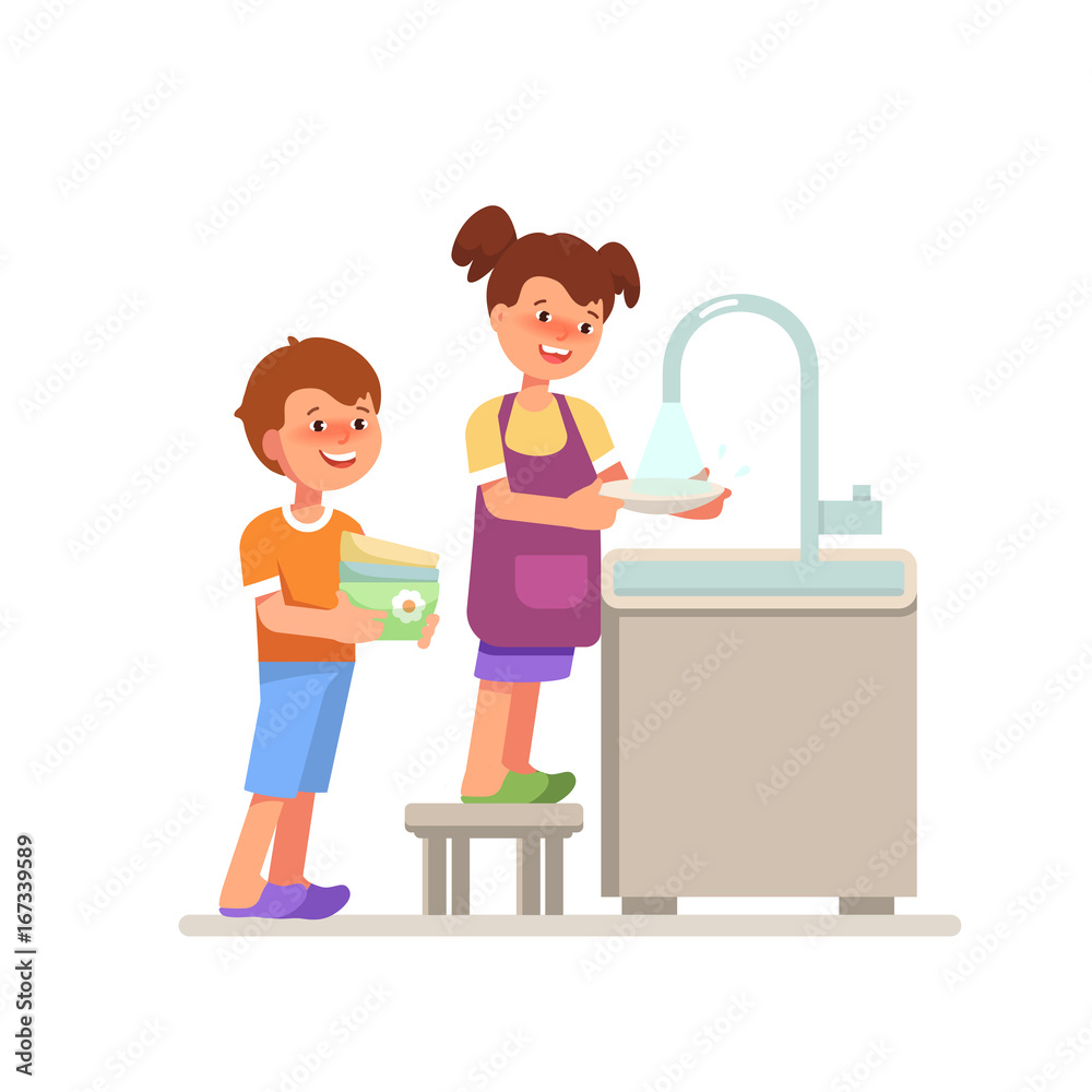 Vector illustration smiling couple child girl boy washing up cartoon ...