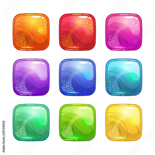 Cartoon colorful square glossy buttons set.