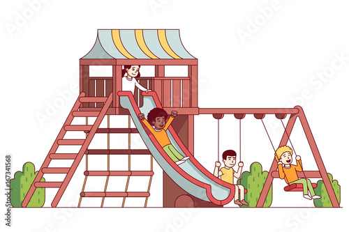Boys and girls kids playing on school playground